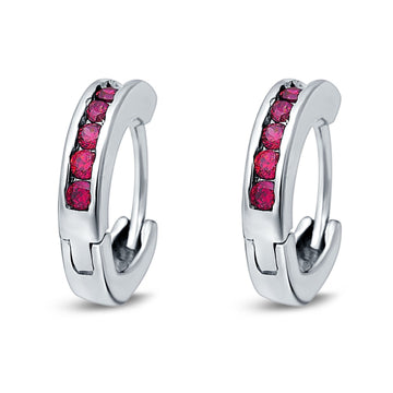 Eternity Huggie Hoop Earrings Channel Round Simulated Ruby CZ 925 Sterling Silver